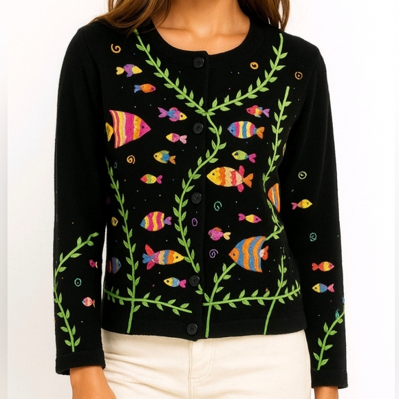 Michael Simon Sweaters - Michael Simon Cardigan Black Fish Embroidered Long Sleeve Button Up Size S